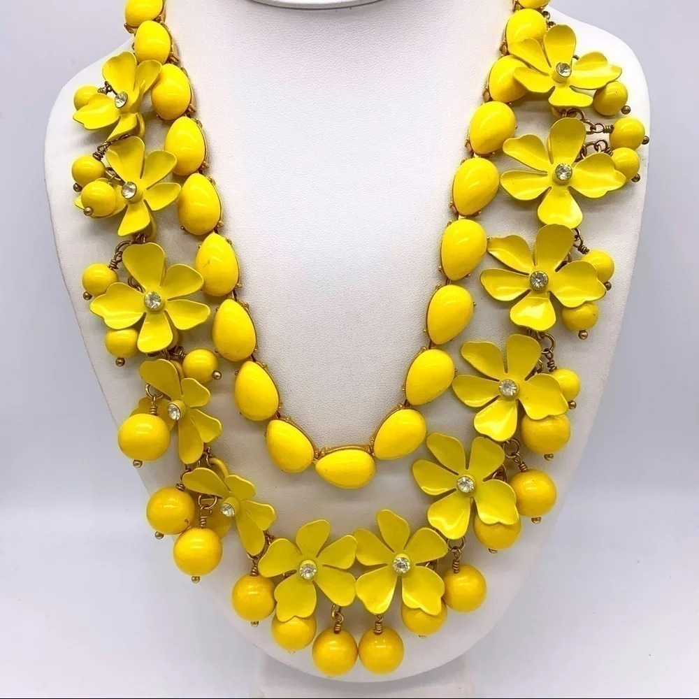 J. Crew Vintage Yellow Enameled Flower and Beaded Necklace